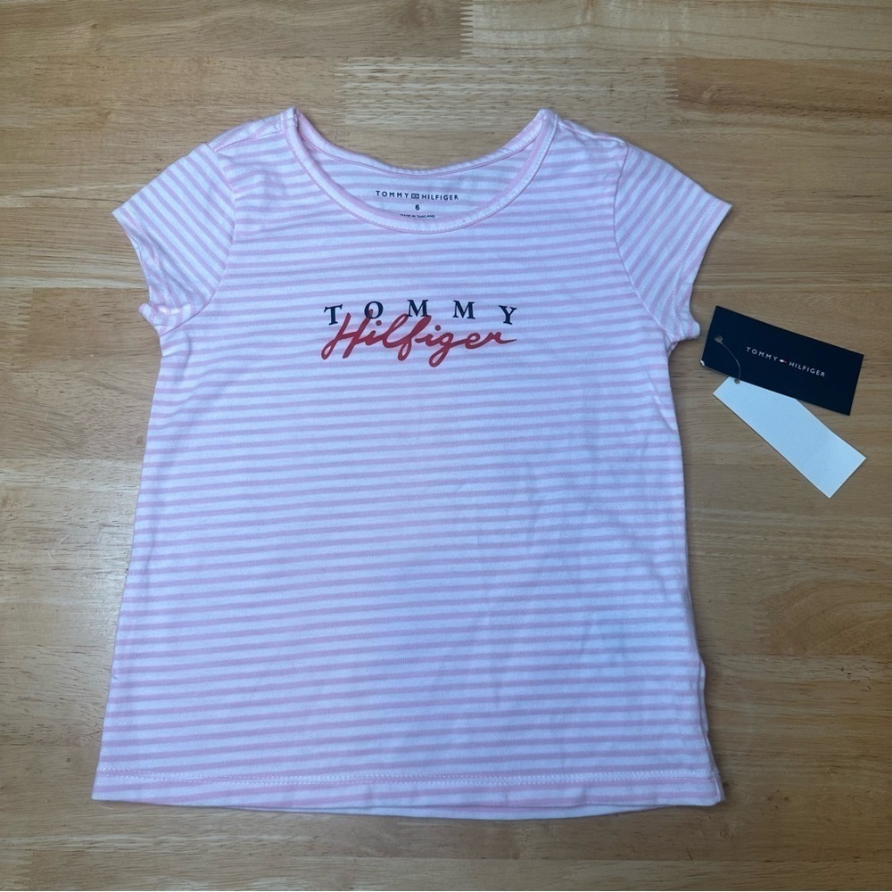 Tommy Hilfiger Girls Size 6 Pink And White Striped Tee NWT